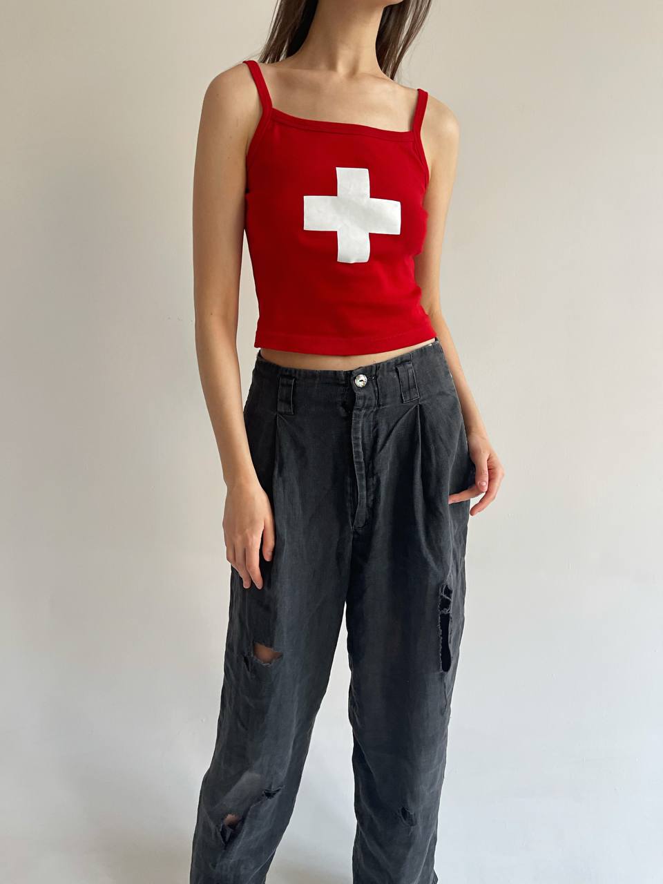 Y2K red crop top with white cross