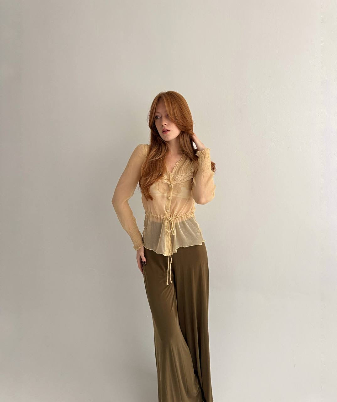 Vintage beige semi transparent blouse with lace
