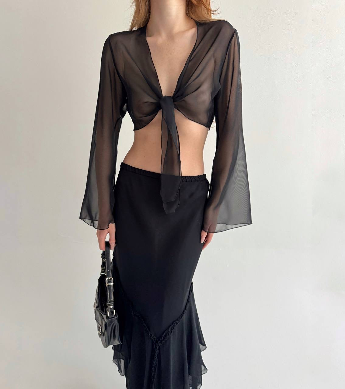 Vintage viscose black asymmetrical layered bottom skirt with ruched detail