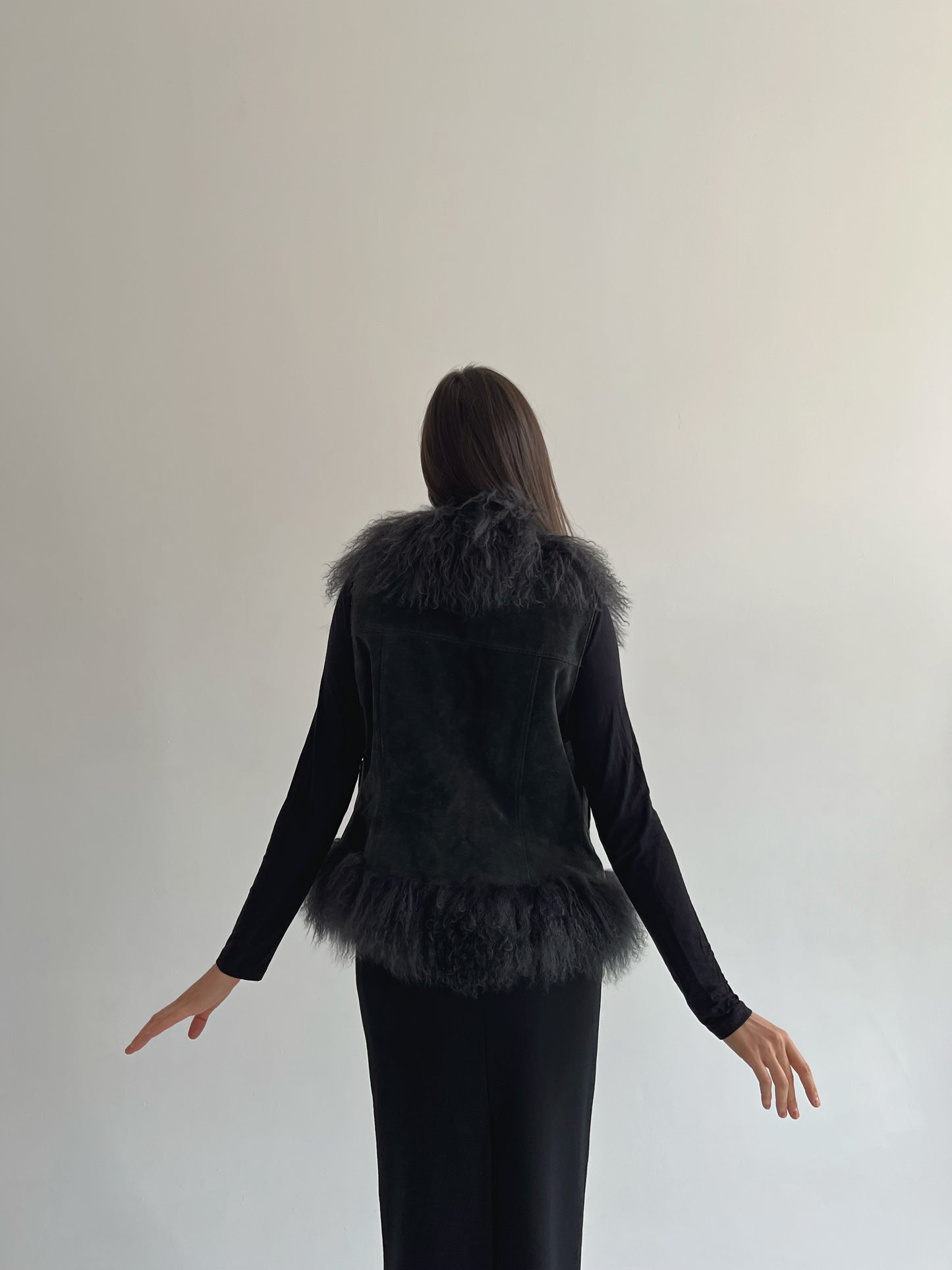 Vintage genuine leather vest with Mongolian fur trim