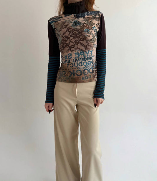 Vintage viscose printed blouse with knitted turtleneck