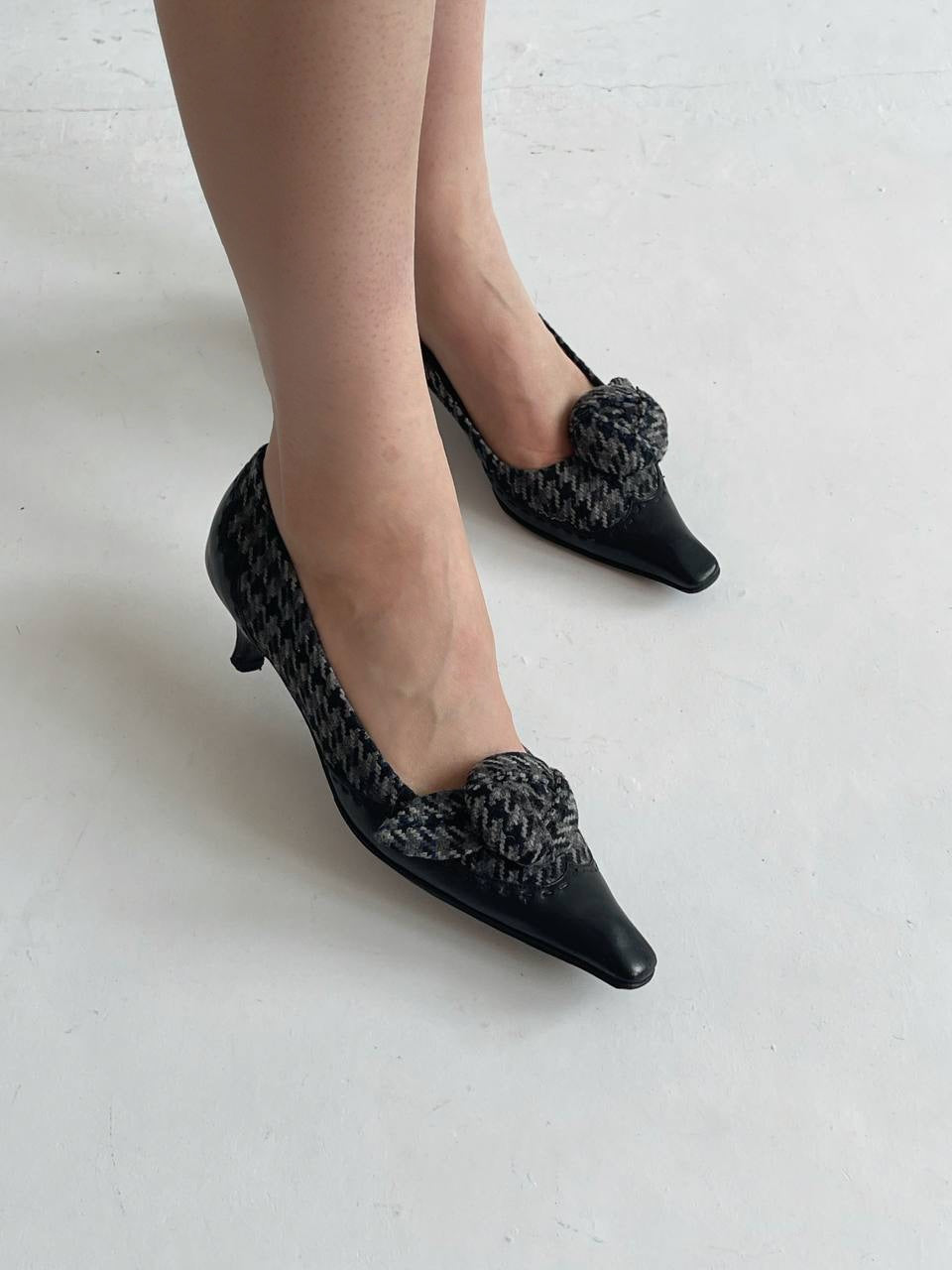 Vintage Prada houndstooth kitten heels with rose brooch