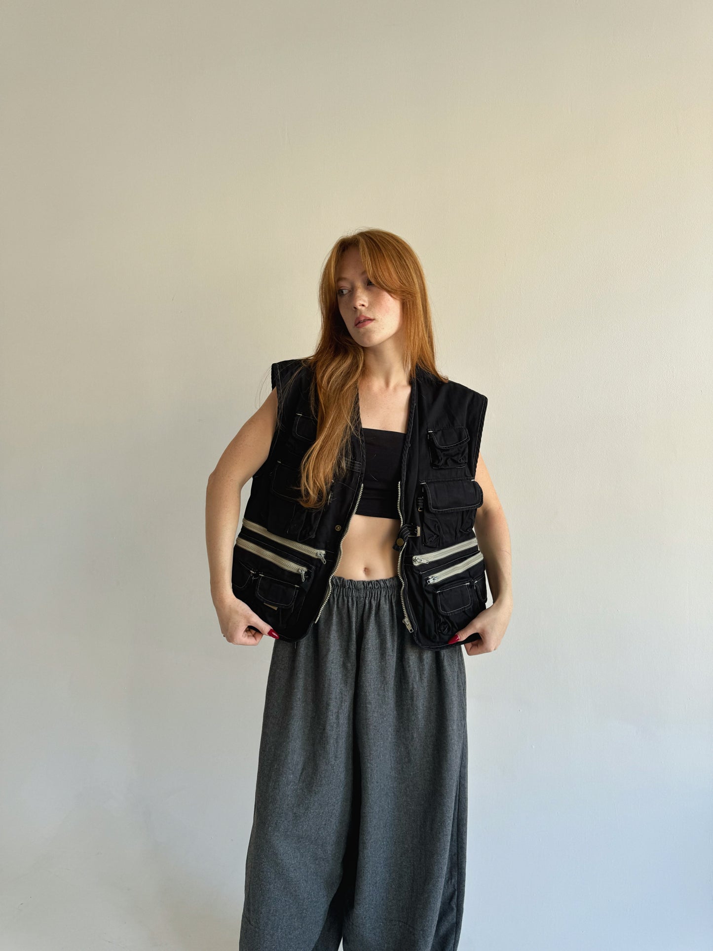 Vintage cotton black oversized fisherman vest