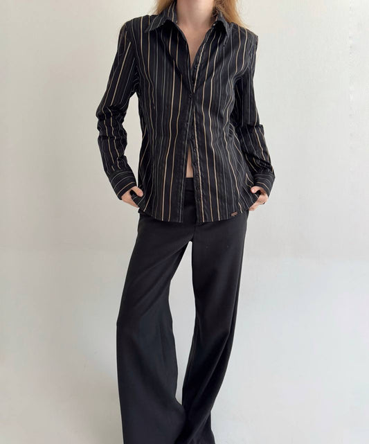 Vintage striped 55% cotton black shirt