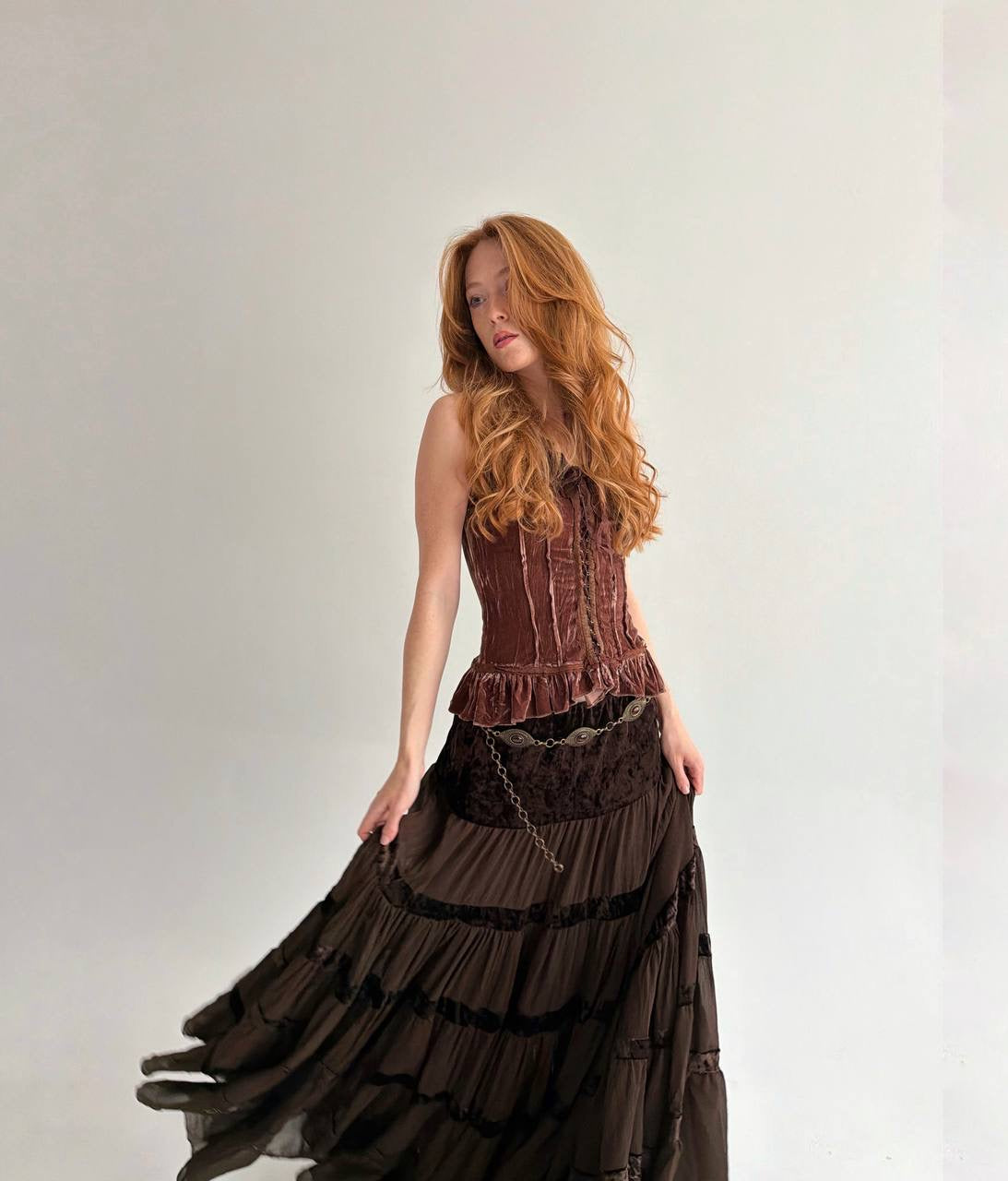 Vintage viscose brown sheer ruched maxi skirt