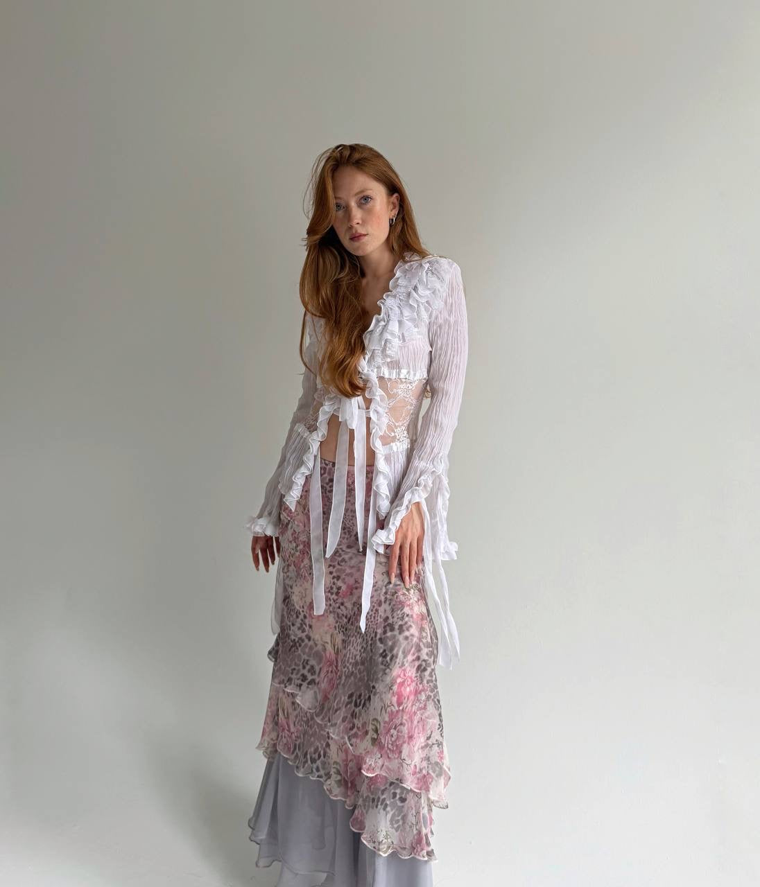 Vintage printed ruched long skirt
