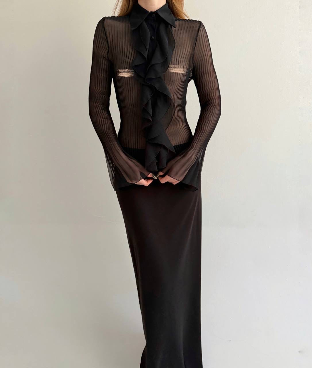Vintage black sheer pleated blouse