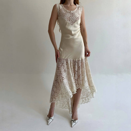 Vintage 80s pure silk antique inspired lace dress