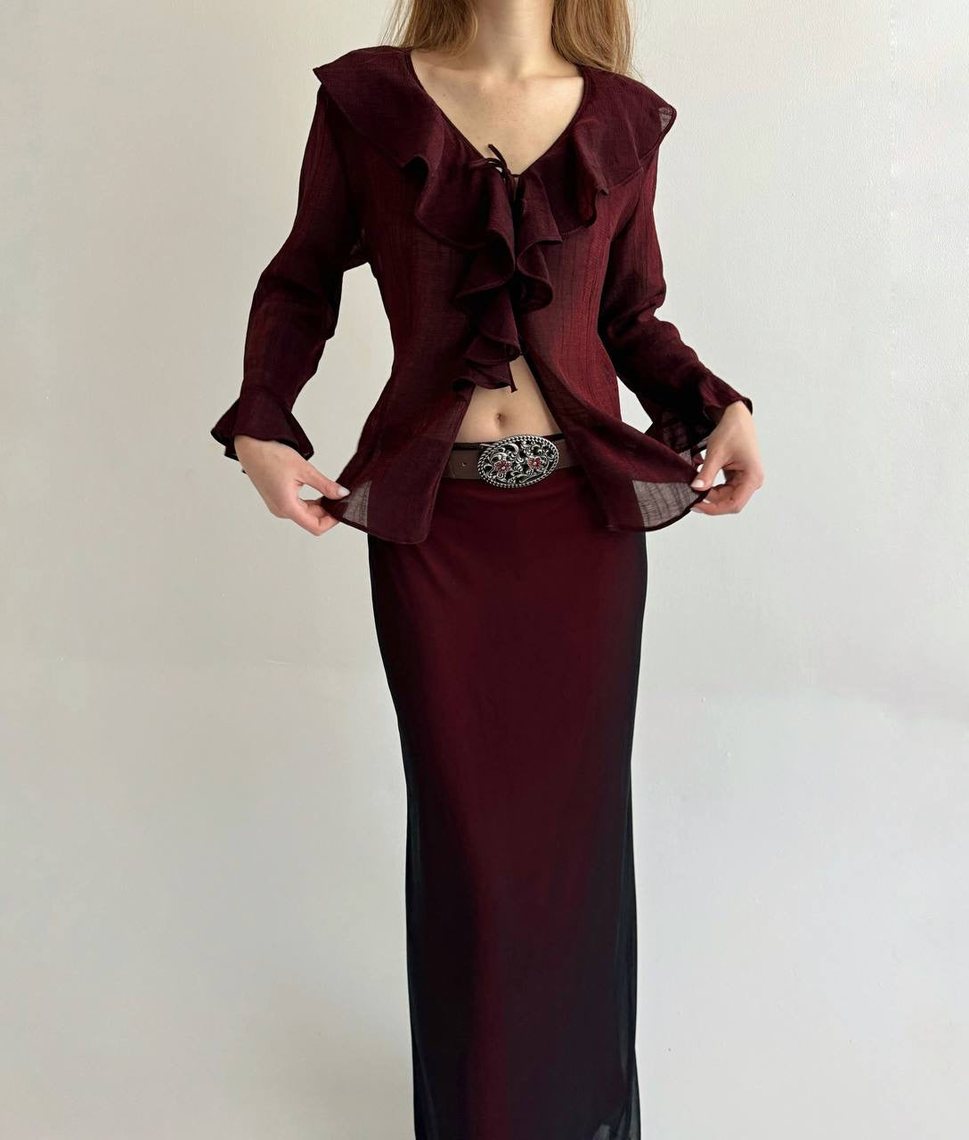 Vintage burgundy blouse with ruffles