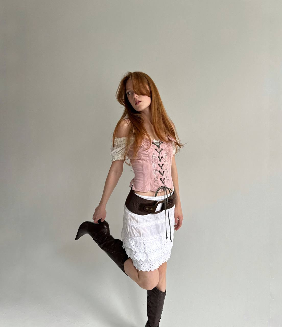Vintage cotton white ruched skirt
