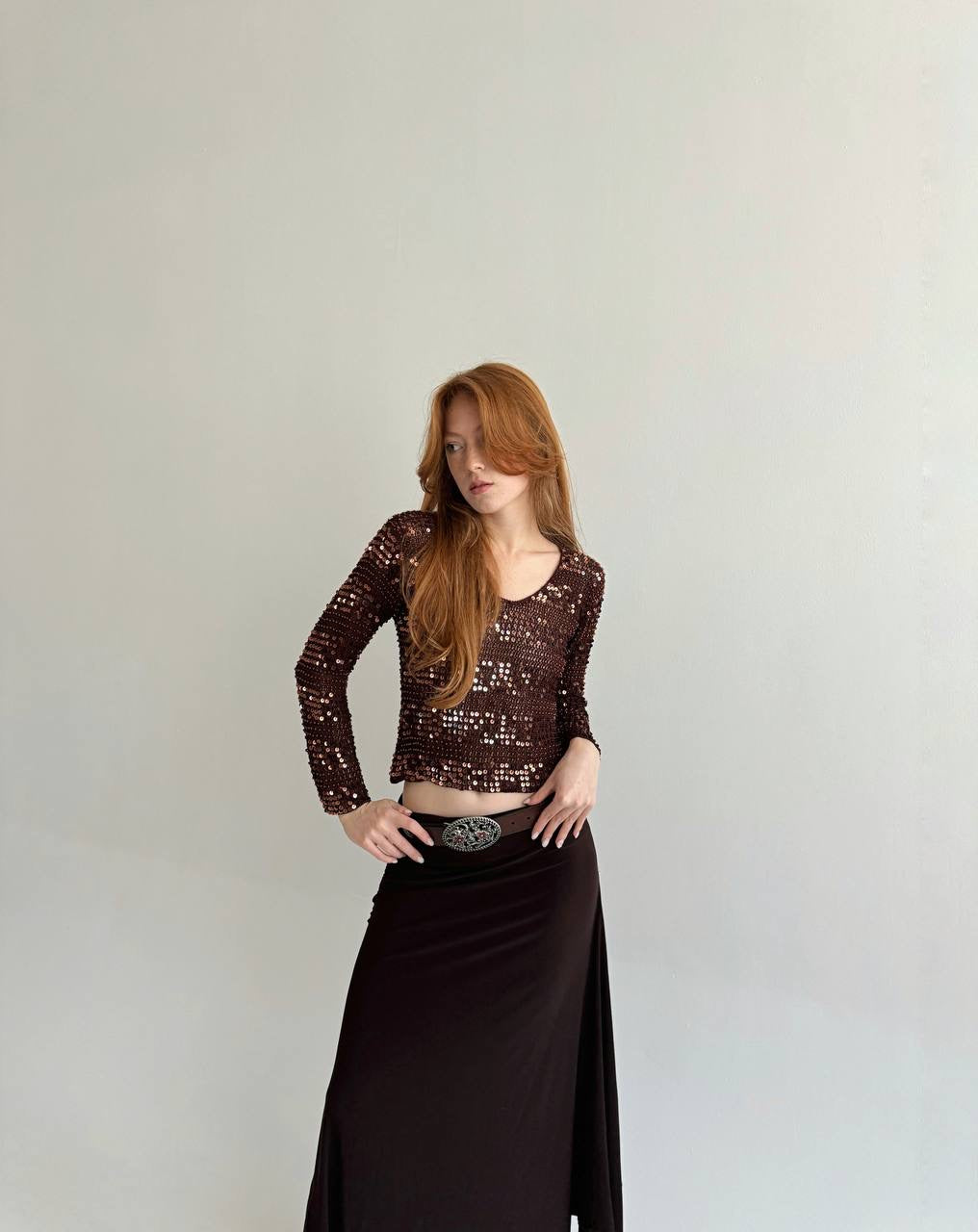 Vintage brown crochet sequin blouse
