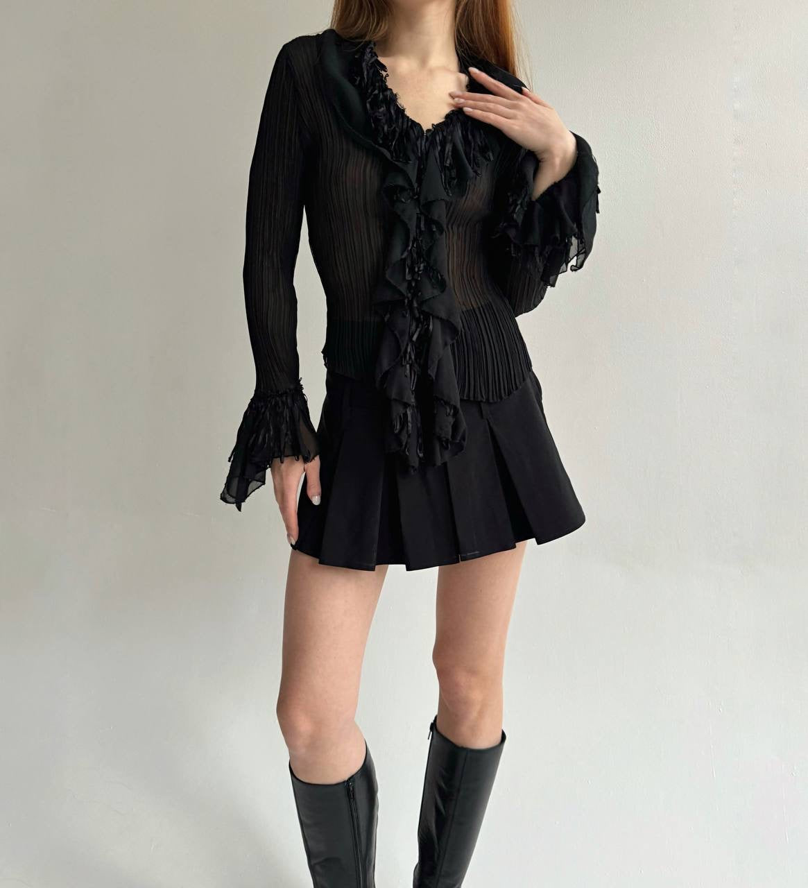 Vintage black transparent pleated blouse