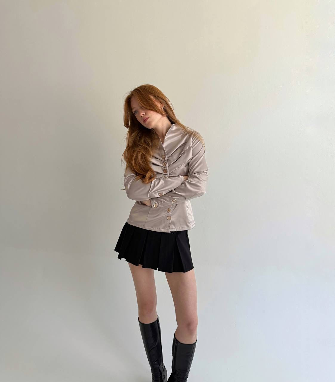 Vintage taupe satin button up blouse