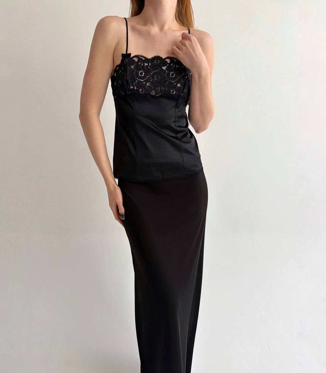 Vintage black satin camisole top with lace
