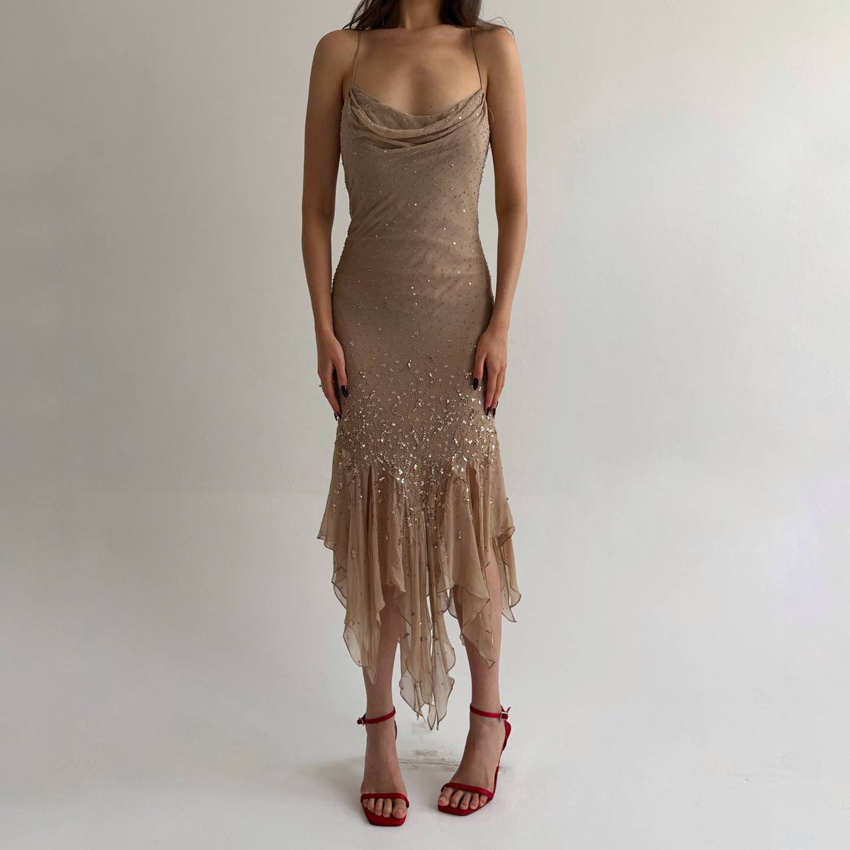 Vintage pure silk nude beaded dress