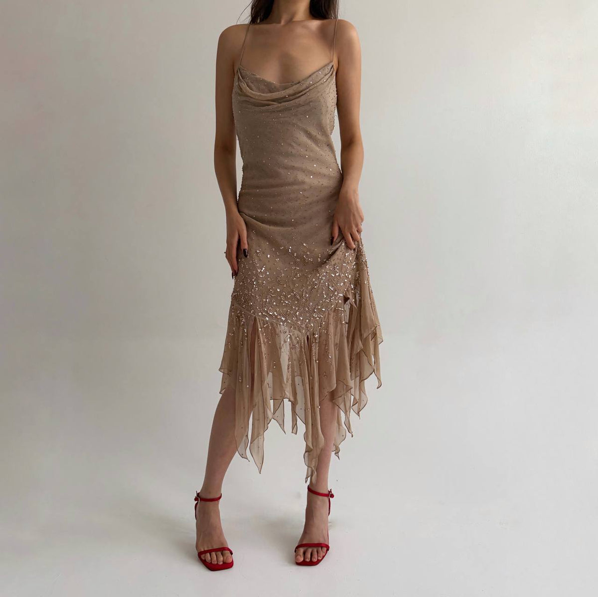 Vintage pure silk nude beaded dress