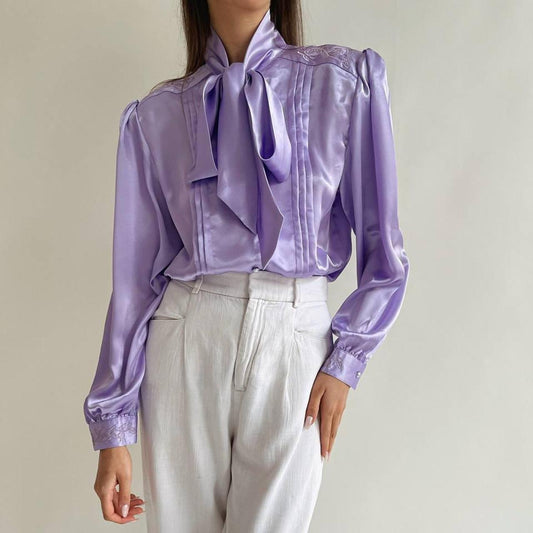 Vintage violet satin blouse with a bow