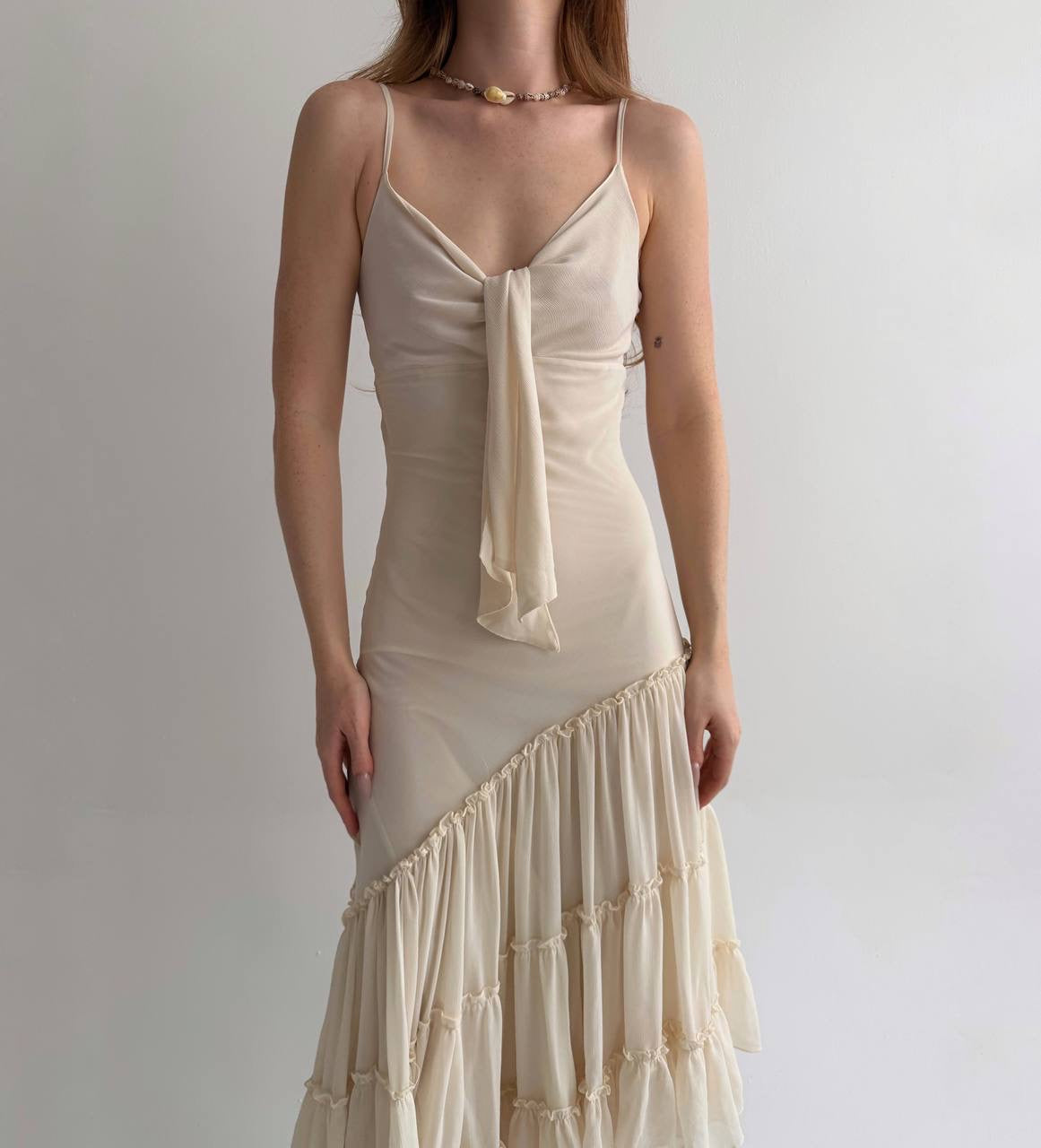 Vintage asymmetrical dress with pleated ruched bottom