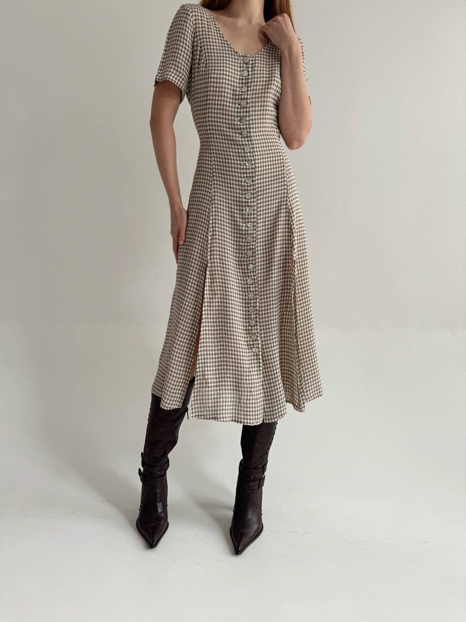 Vintage viscose checked dress with a waist tie