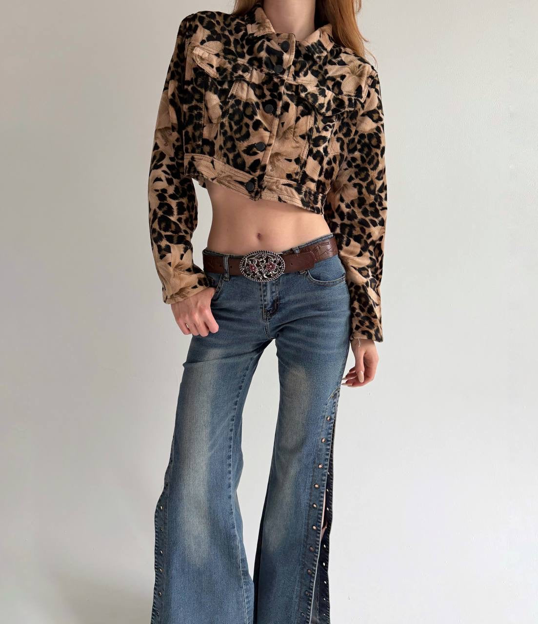 Vintage cropped jacket with leopard print