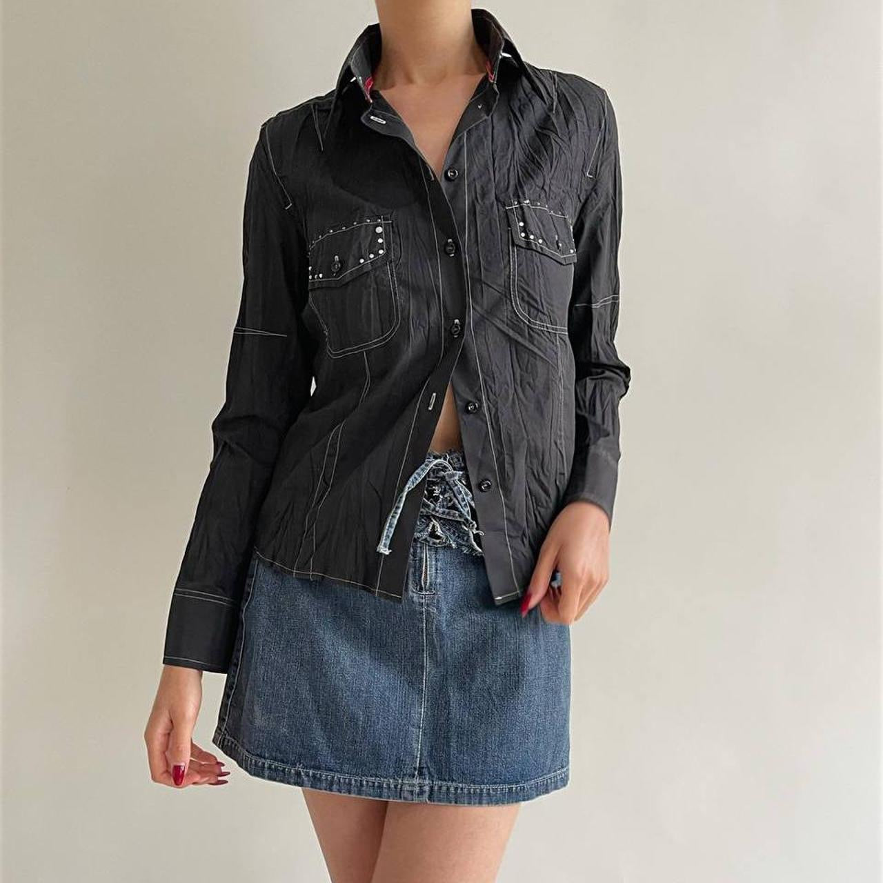 Vintage black crinkle blouse with rhinestones