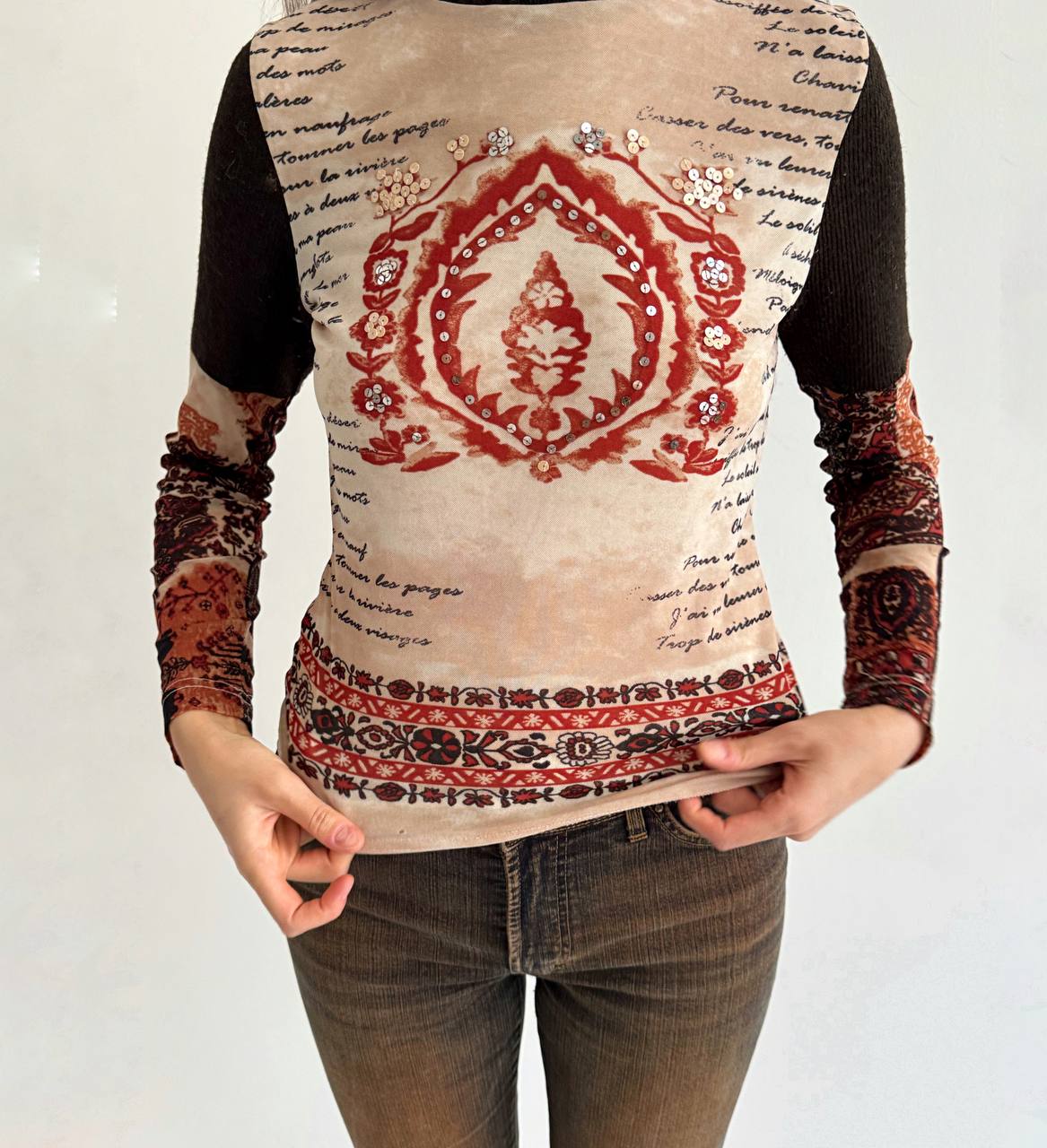 Vintage mesh printed blouse with knitted turtleneck