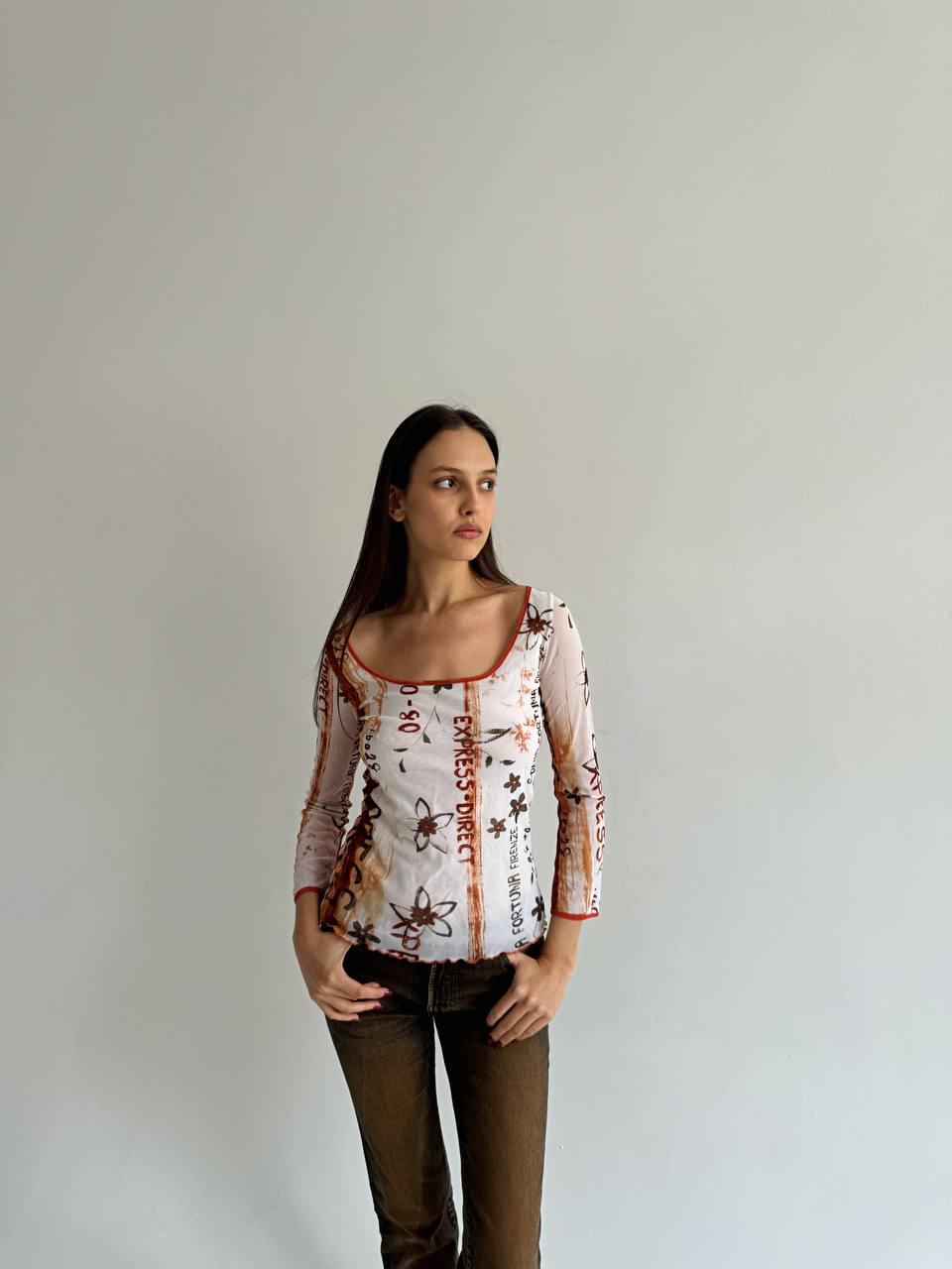 Vintage mesh printed embroidered blouse