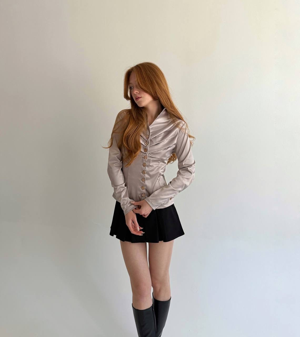 Vintage taupe satin button up blouse