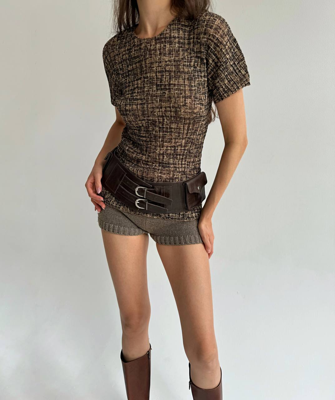 Vintage pleated brown mesh top