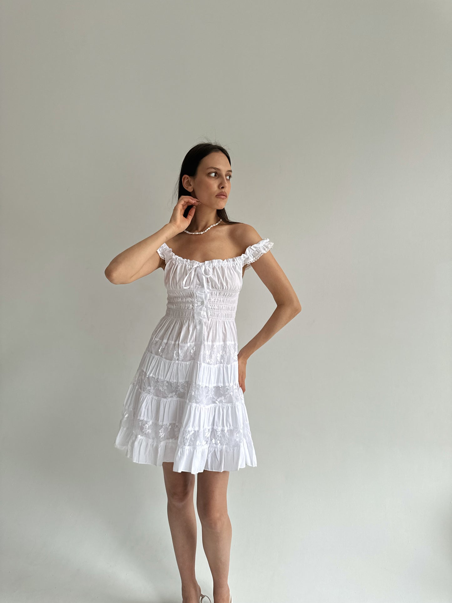 Y2K cotton white milkmaid dress with floral lace