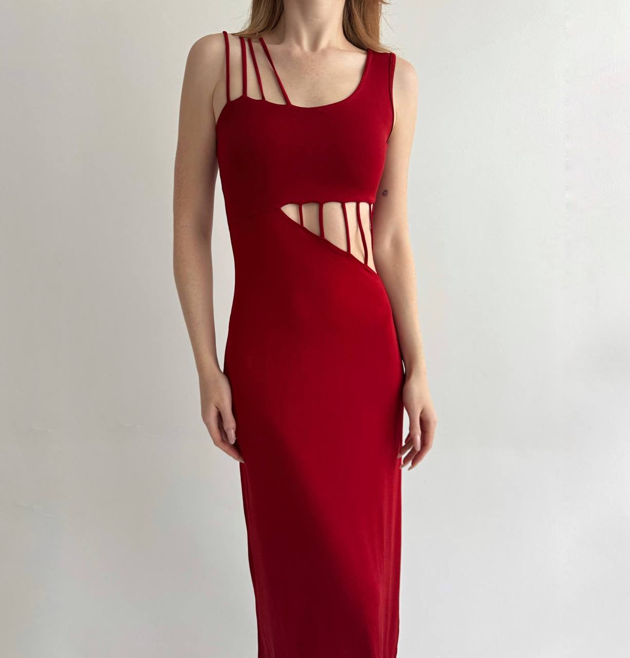Vintage red long dress with cuts