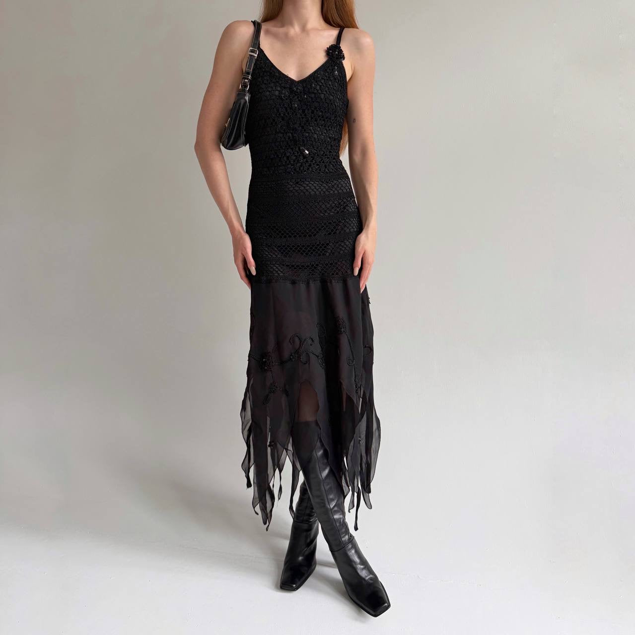 Vintage black 100% rayon asymmetrical long dress