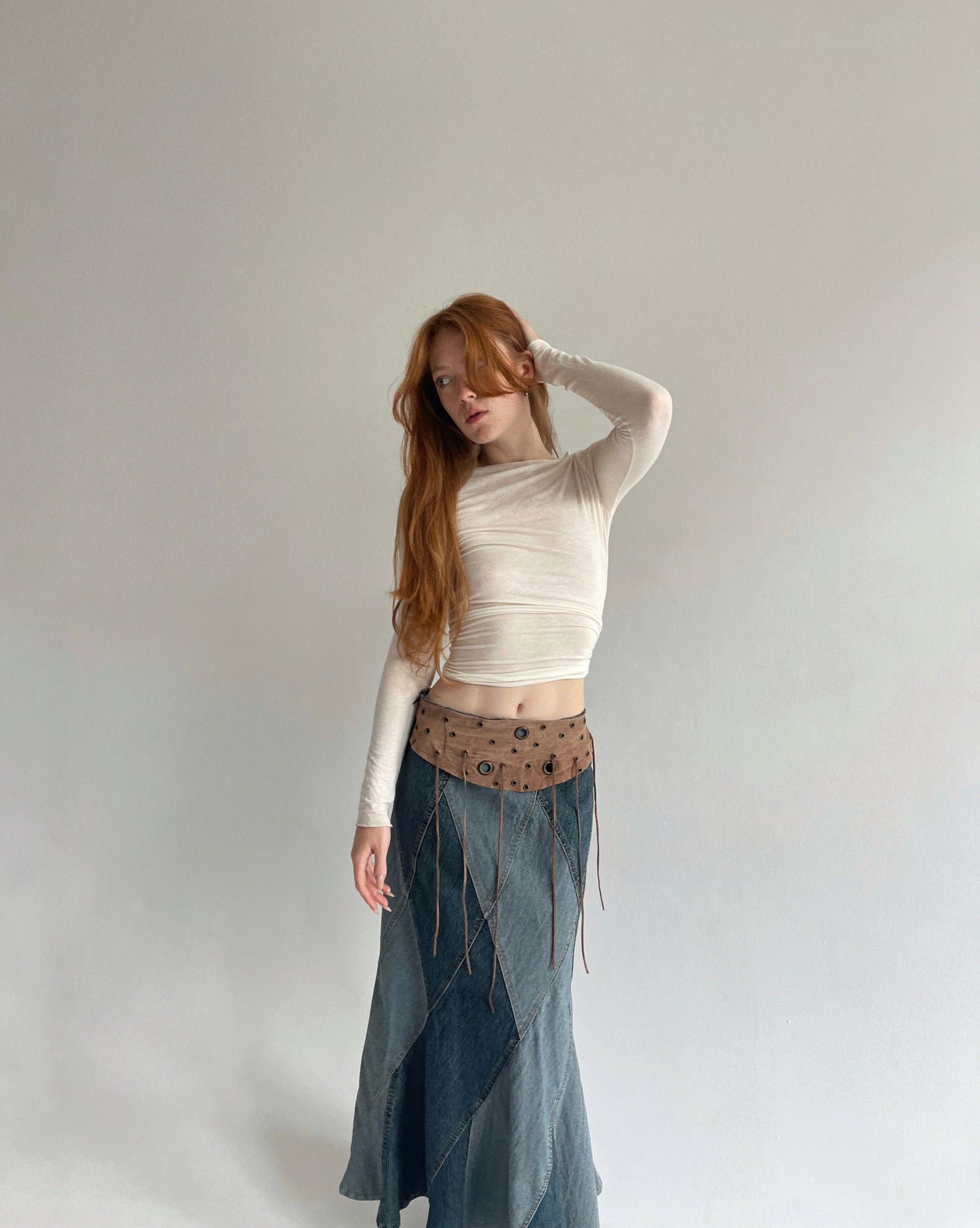 Vintage denim maxi skirt with leather waist part