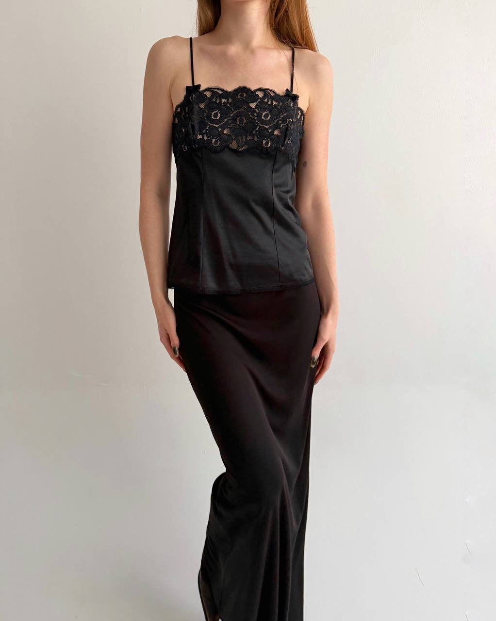 Vintage black satin camisole top with lace
