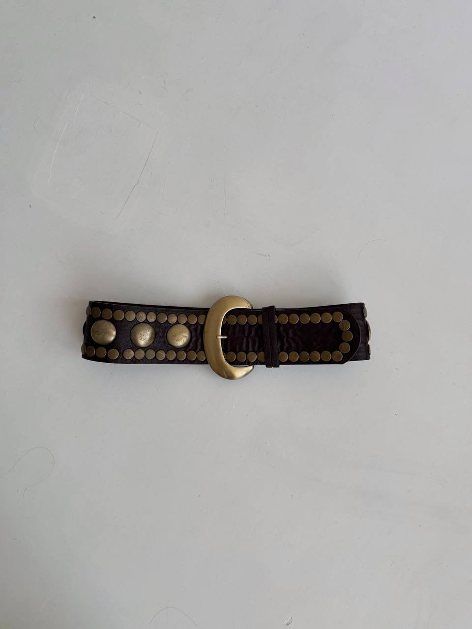 Vintage faux leather brown wide belt with gold tone details and big buckle