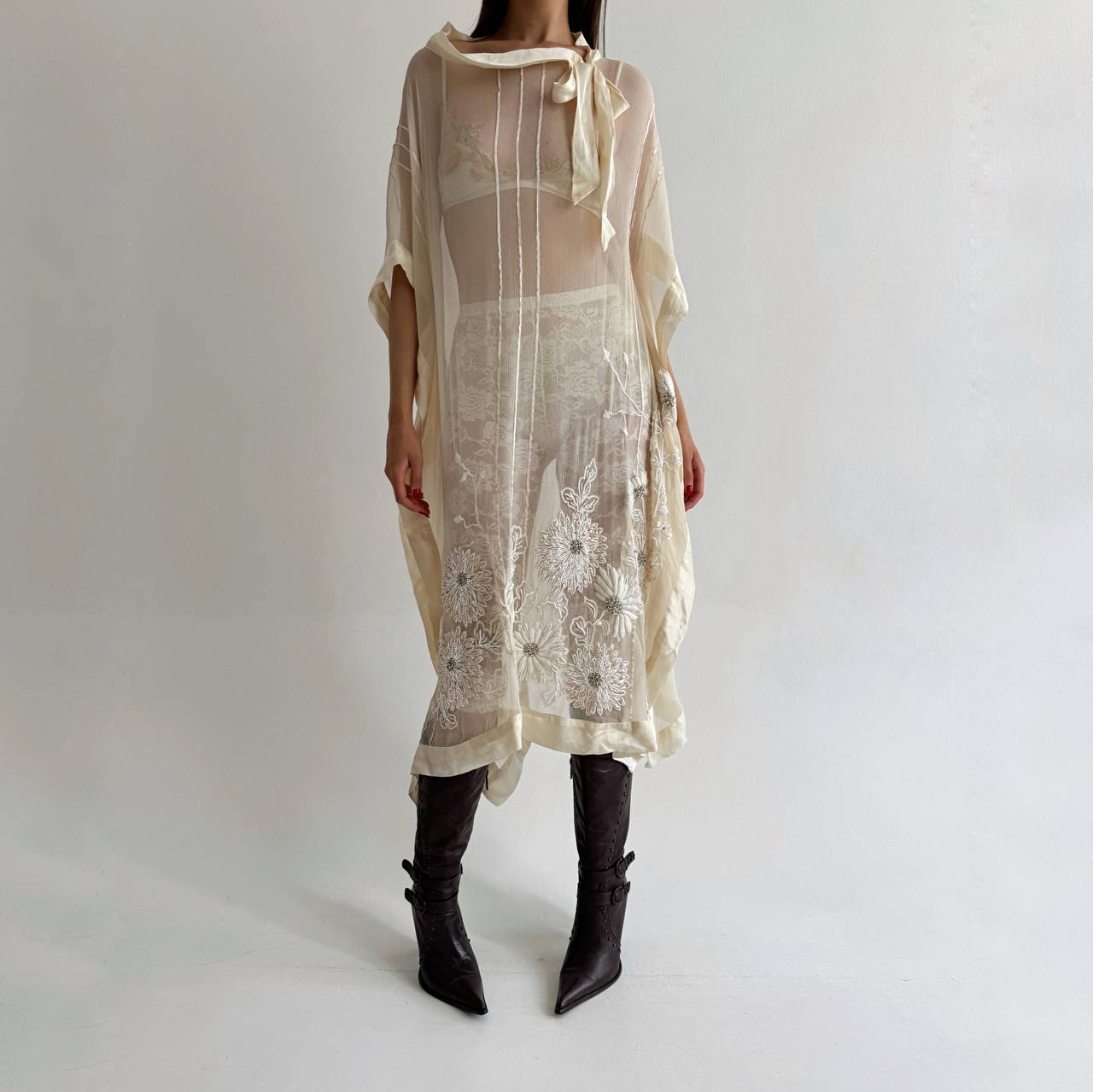 Vintage pure silk beaded crepe sheer dress