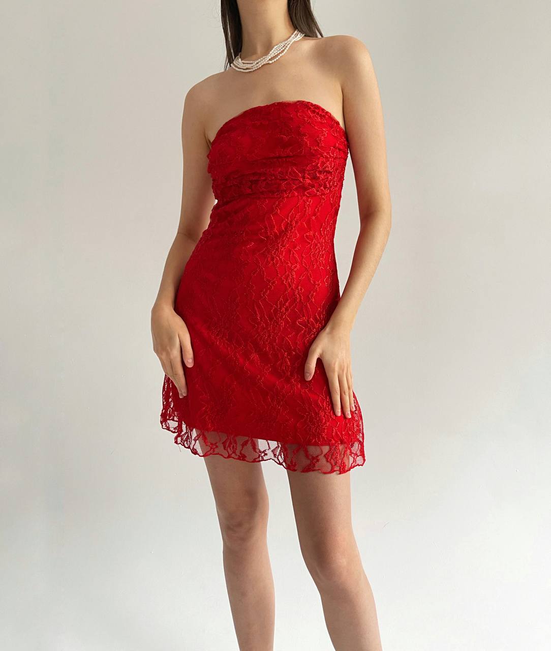 Vintage red lace strapless mini dress