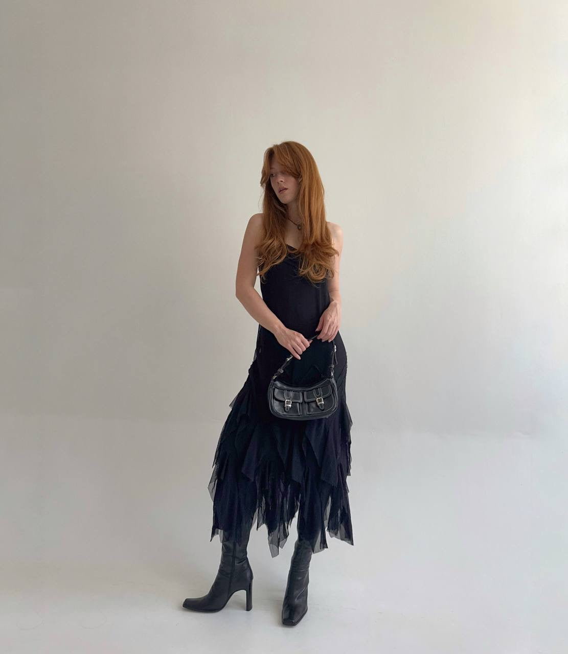 Y2K black asymmetrical slip dress