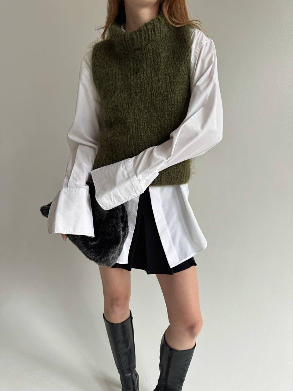 Vintage khaki fluffy knitted vest