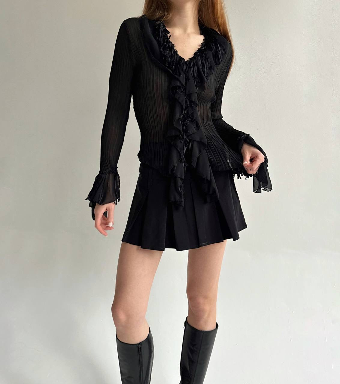 Vintage black transparent pleated blouse