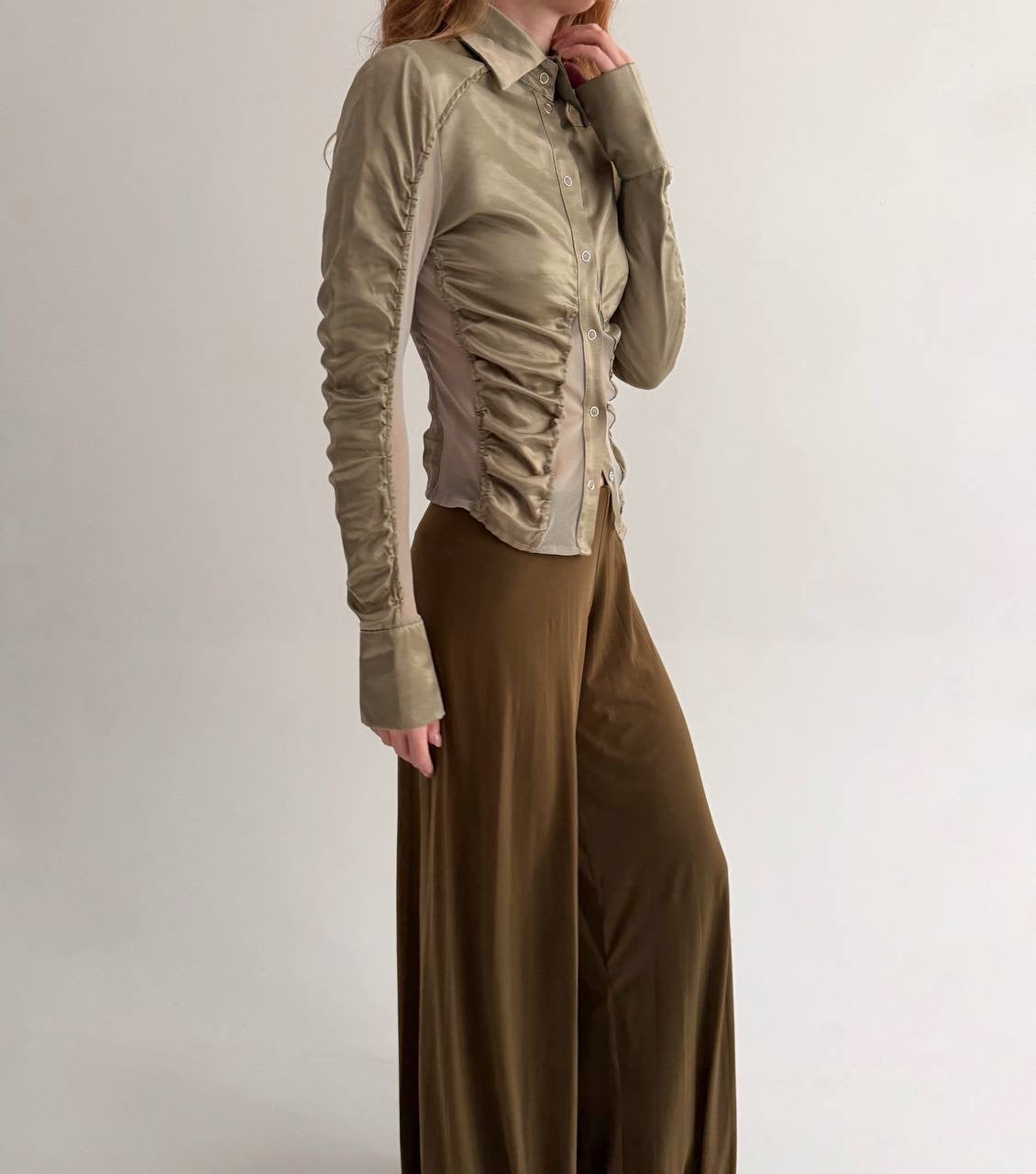 Vintage viscose olive green satin button-up blouse