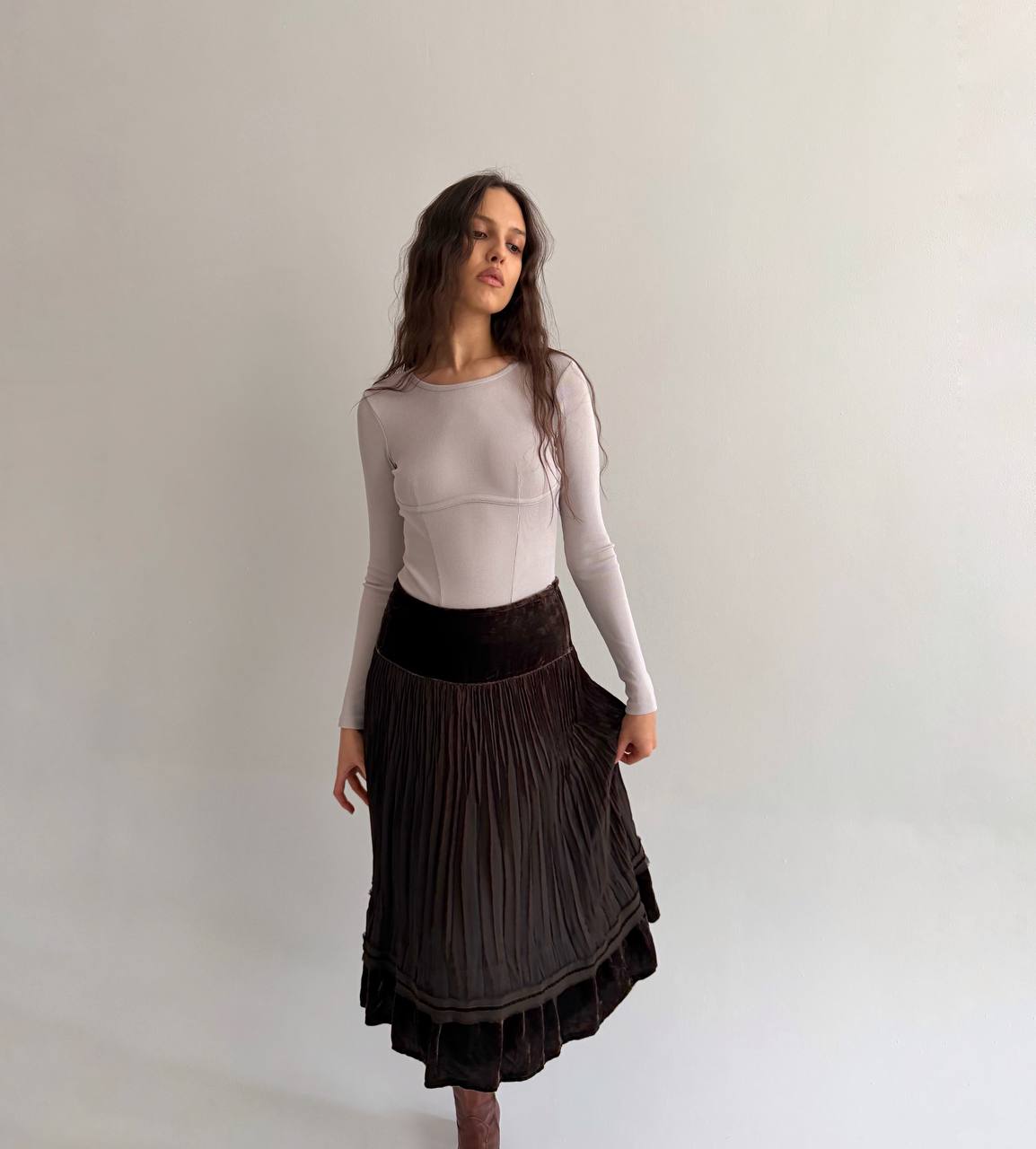 Vintage velvet pleated brown skirt