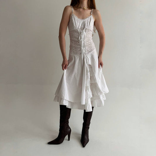 Vintage cotton fairycore midi dress with ruffles