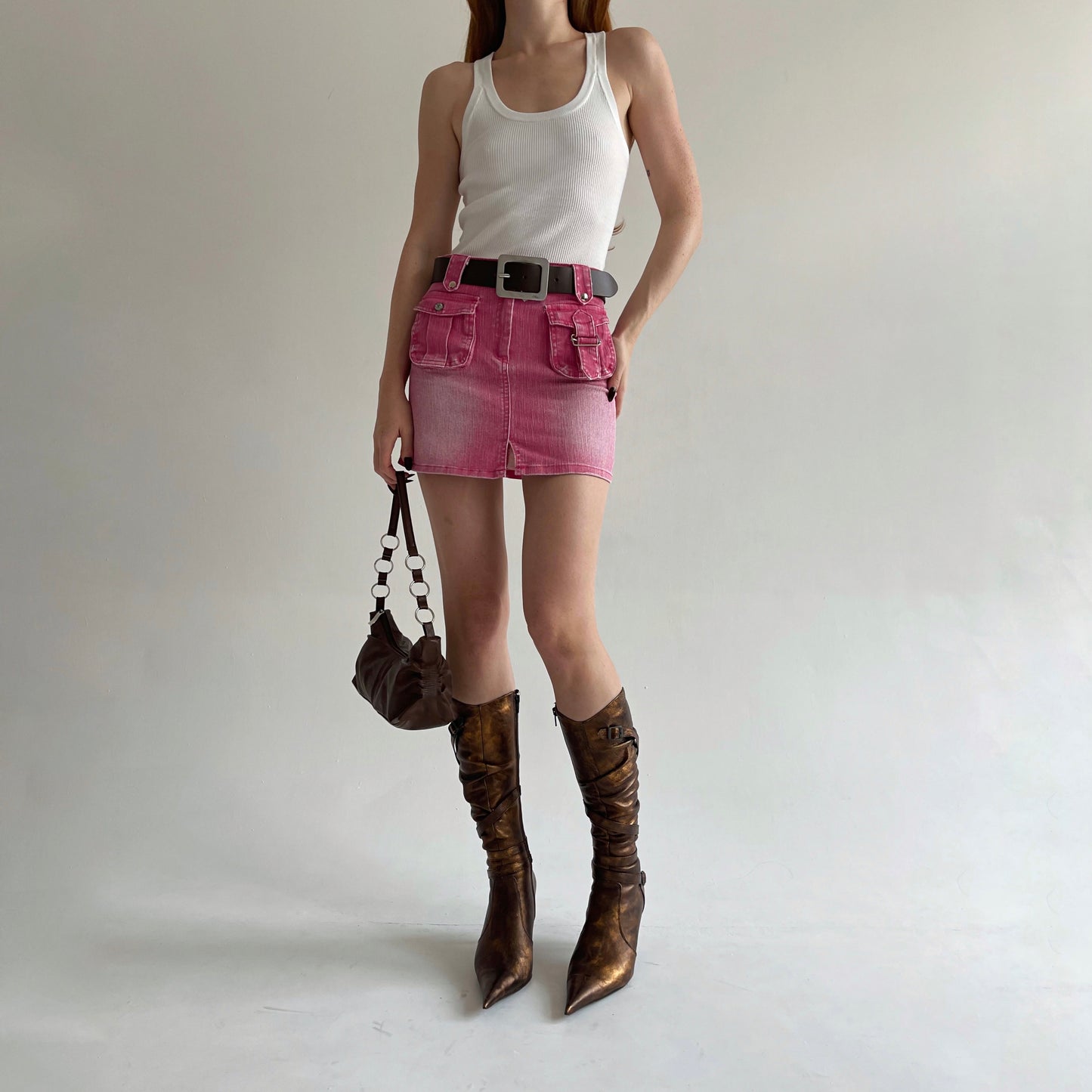 Vintage washed pink denim mini skirt