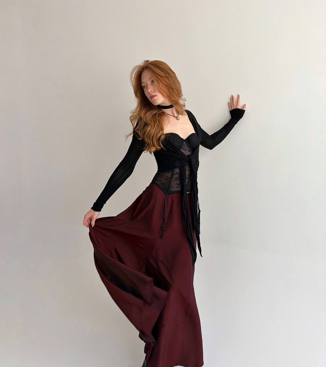 Vintage 53% viscose burgundy maxi skirt