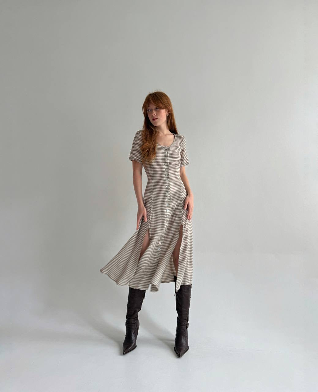 Vintage viscose checked dress with a waist tie