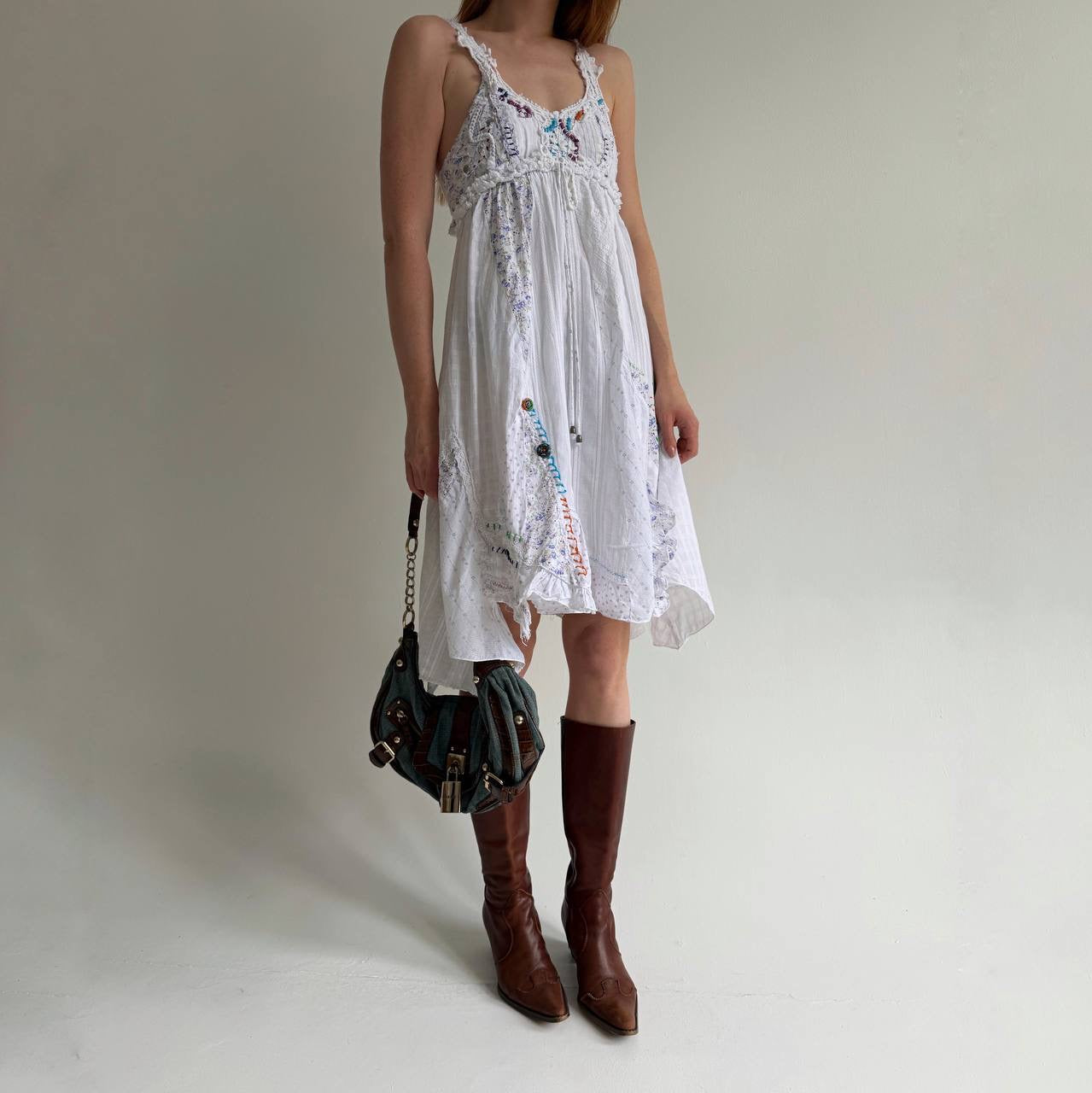Vintage asymmetrical cotton dress with abstract embroidery