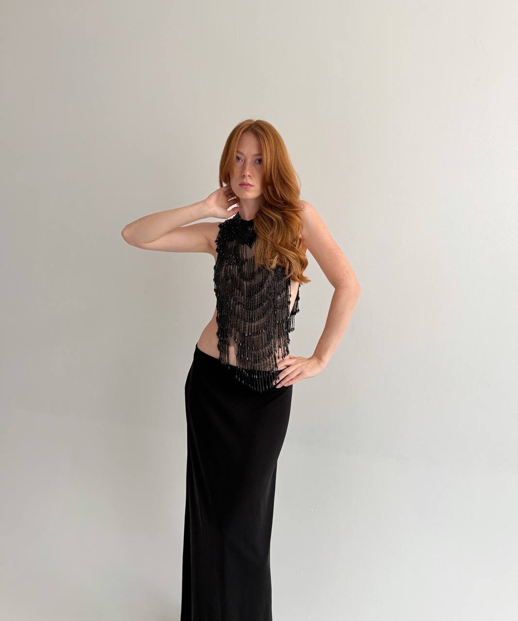 Vintage black beaded fringe mesh top accessory