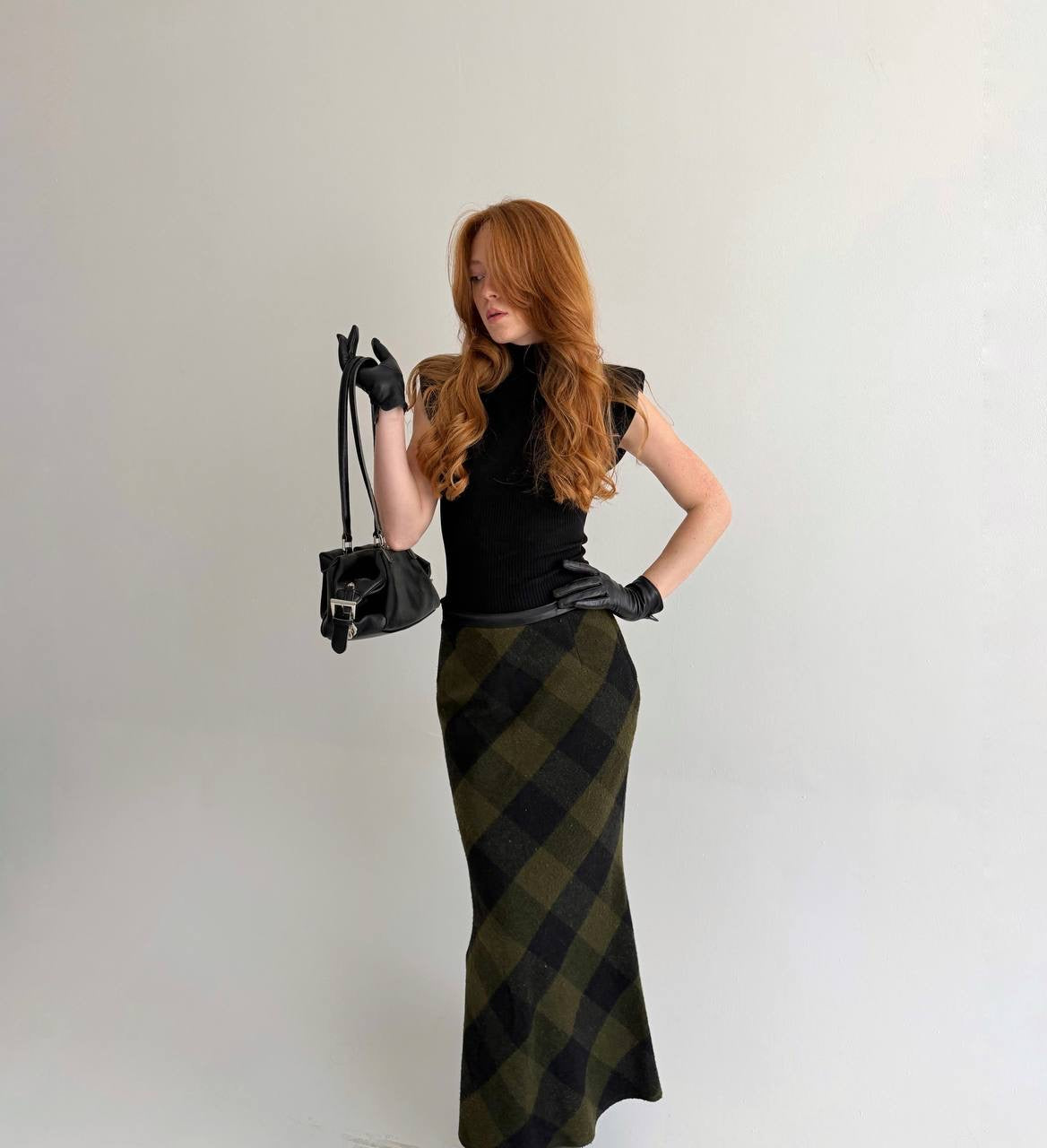 Vintage dark green khaki checked maxi skirt