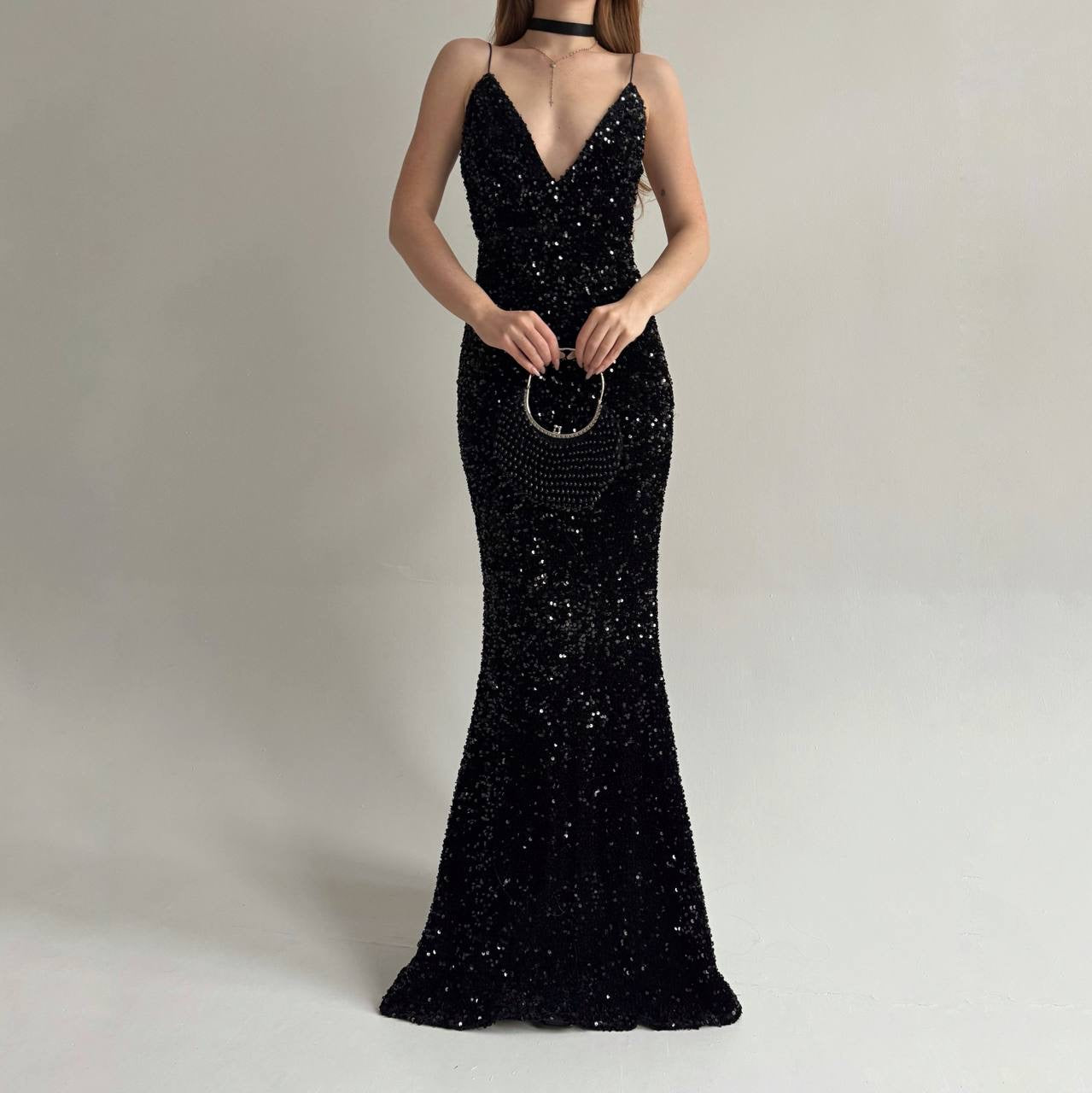Vintage black long gown covered with sequins